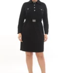 Čierne košeľové šaty so zlatými gombíkmi a opaskom