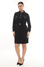 Čierne košeľové šaty so zlatými gombíkmi a opaskom – Obrázok 4