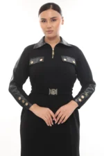 Čierne šaty s polozipsom, koženkovými detailmi a opaskom – Obrázok 4