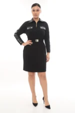 Čierne šaty s polozipsom, koženkovými detailmi a opaskom – Obrázok 3