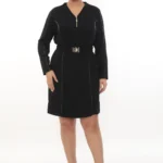 Čierne šaty s polozipsom, koženkovými detailmi a opaskom