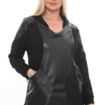 Čierna tunika s kapucňou a koženkovým predným dielom