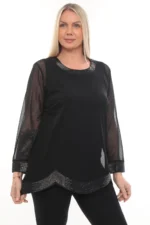 Čierna tunika s priesvitnými rukávmi a trblietavými lemami – Obrázok 2