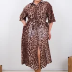 Dámske košeľové šaty s leopardím vzorom a viazaním v páse