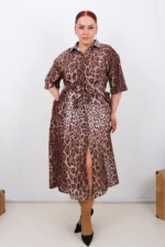 Dámske košeľové šaty s leopardím vzorom a viazaním v páse